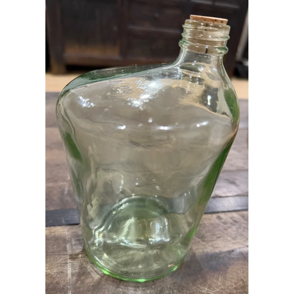 Vintage Hand Blown Green Glass Decanter Asymmetric Slumped Bottle with Pourer